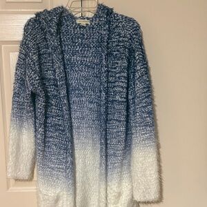 Fuzzy Ombre Blue & White Open-Front Women's Cardigan